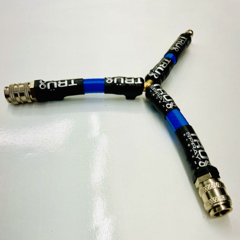 TRU Spray Systesm TRU DUO Dual Hose connector with quick connects stainless steel blue