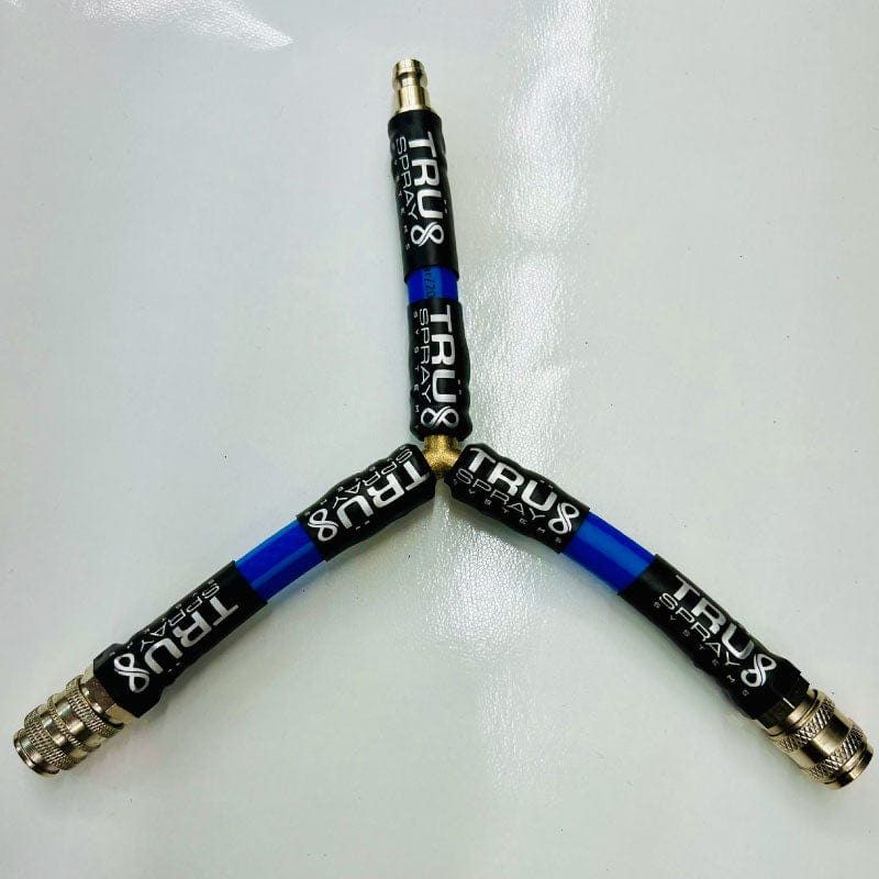 TRU Spray Systesm TRU DUO Dual Hose connector with quick connects stainless steel blue
